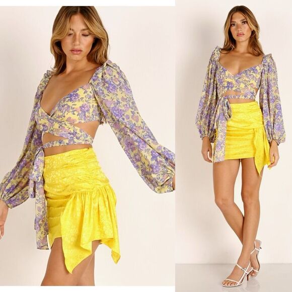 For Love And Lemons Tops - For Love & Lemons Maui Wrap Top Yellow Adjustable Floral Crop Top Blouse size XS
